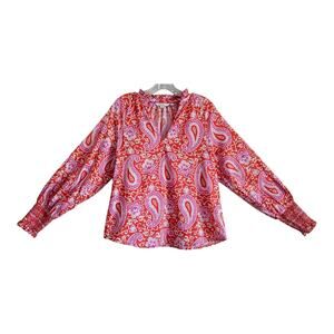 BODEN Women's 6 Blouse Paisley Pink Orange White Ruffle Smocked Long Cuffs 38"